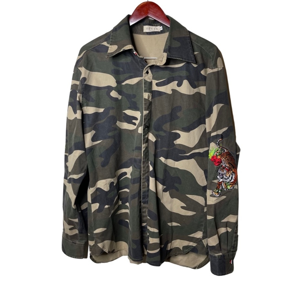 Reves men camouflage green button down jacket with embroidery tiger and eagle XL